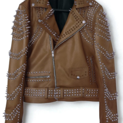 Crafted leather new women punk brown silver long spiked studded brando biker leather jacket