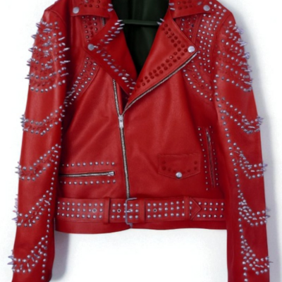 Crafted leather new women punk red silver long spiked studded brando biker leather jacket