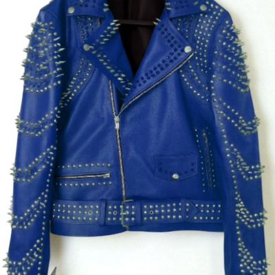 Crafted leather new women punk blue silver long spiked studded brando biker leather jacket