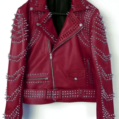 Crafted leather new women punk burgundy silver long spiked studded brando biker leather jacket