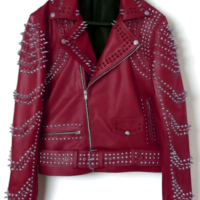 Crafted Leather New Women Punk Burgundy Silver Long Spiked Studded Brando Biker Leather Jacket - Thumbnail 2