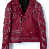 Crafted Leather New Women Punk Burgundy Silver Long Spiked Studded Brando Biker Leather Jacket - Thumbnail 3
