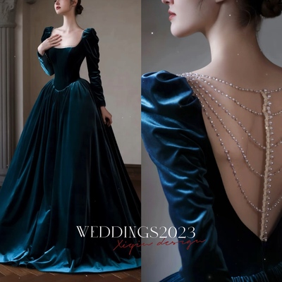 Elegant velvet maxi dress, square neck, full fitted sleeves, lace up back - perfect for bridesmaids or evening affairs - tailor to your style - Thumbnail 4