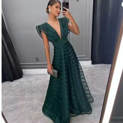 Formal dresses pleat sleeveless prom gown for woman deep v-neck wedding party dress customized