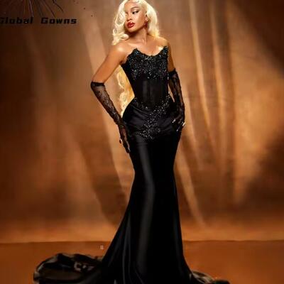 Black strapless appliques long prom dresses for black girls beaded crystal 2025 birthday luxury dress with glove customized