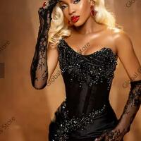 Black Strapless Appliques Long Prom Dresses For Black Girls Beaded Crystal 2025 Birthday Luxury Dress With Glove Customized - Thumbnail 4