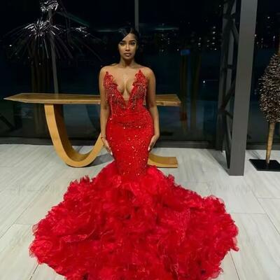 Red strapless sequin long prom dresses black girl bead crystal birthday luxury dress tassel ruffles evening gown customized