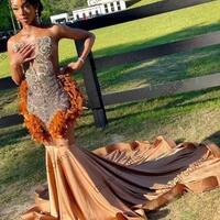 Brown Ostrich Feather Long Prom Dress for Black Girl Luxury Silver Bead Crystal Diamond African Birthday Party Gown Customized - Thumbnail 4