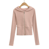 Fashionable and casual threaded ribbed stitching hooded long-sleeved zip-up top sweatshirt - Thumbnail 2