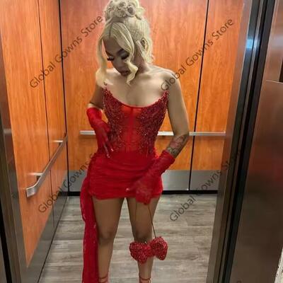 Red lace short prom dresses bead appliques with gloves graduation dress side train strapless black girl formal gown customized