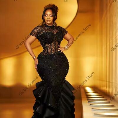 Sparkly black ruffles aso ebi evening dresses bead crystal birthday luxury dress o neck mermaid party gown customized