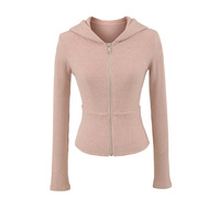 Fashionable and casual threaded ribbed stitching hooded long-sleeved zip-up top sweatshirt - Thumbnail 4