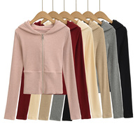 Fashionable and casual threaded ribbed stitching hooded long-sleeved zip-up top sweatshirt - Thumbnail 6