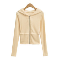 Fashionable and casual threaded ribbed stitching hooded long-sleeved zip-up top sweatshirt - Thumbnail 7
