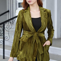 Velvet lapel with padded shoulders and waist-cinching long suit jacket trench coat - Thumbnail 1