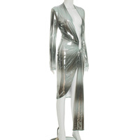 Trendy light-sensory design deep V-neck tight-fitting slit ribbon dress - Thumbnail 1