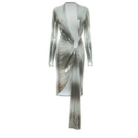 Trendy light-sensory design deep V-neck tight-fitting slit ribbon dress - Thumbnail 6