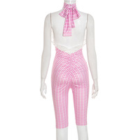 Retro style halterneck strappy backless lace plaid jumpsuit - Thumbnail 1