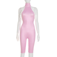 Retro style halterneck strappy backless lace plaid jumpsuit - Thumbnail 2