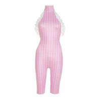 Retro style halterneck strappy backless lace plaid jumpsuit - Thumbnail 3