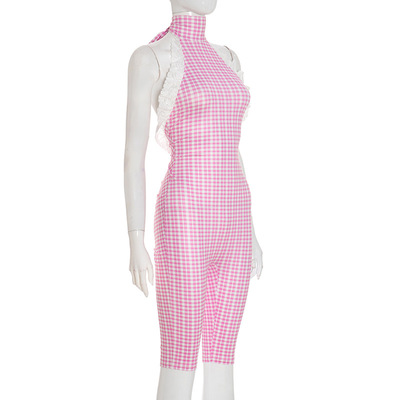 Retro style halterneck strappy backless lace plaid jumpsuit