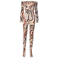 Sexy printed one-shoulder tube top long-sleeved slim-fit trousers jumpsuit - Thumbnail 3