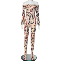 Sexy printed one-shoulder tube top long-sleeved slim-fit trousers jumpsuit - Thumbnail 4