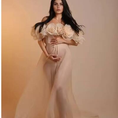 Maternity dress for photo shoot 3d flower maternity gown organza pregnancy dress for baby shower maxi photography outfit - Thumbnail 2