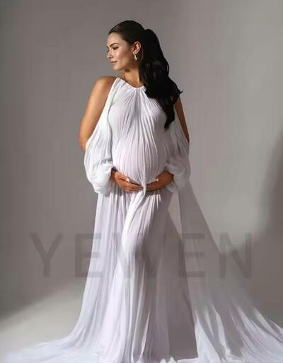 Pleated Blue Dress for Pregnant Women for Photo Shoot Elegant Off Shoulder Baby Shower Dresses Maternity Photoshoot