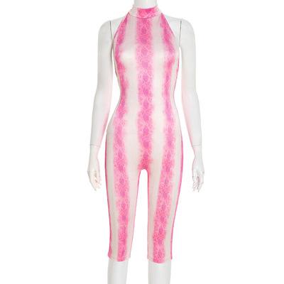 Sexy tight python print halter neck strappy open back jumpsuit