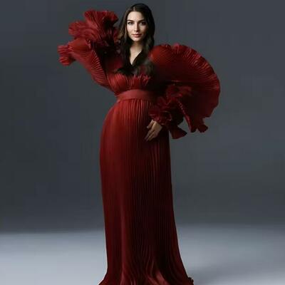 V neck pleated organza maternity dresses for photoshoot long dress for maternity shoot baby shower dresses