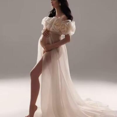 Handmade 3d flower pregnancy photoshoot dress gala organza sheer baby shower dress for pregnant woman wedding dresses