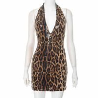 Sexy sleeveless halterneck leopard print sequined deep V-neck backpack hip-revealing dress - Thumbnail 2