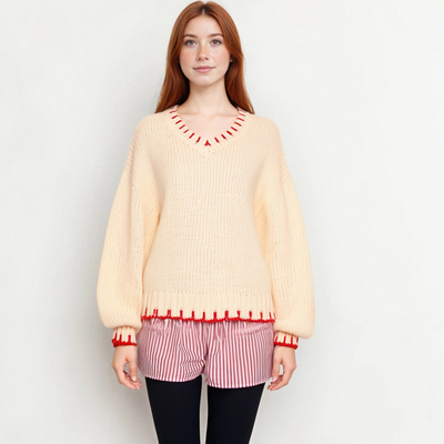 Loose v-neck sweater contrast color thickened top