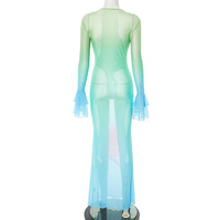 Sexy and elegant floral gradient print mesh ruffle dress - Thumbnail 4