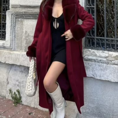Claret red slim fit fur wrapover coat | elegant winter fashion - Thumbnail 4