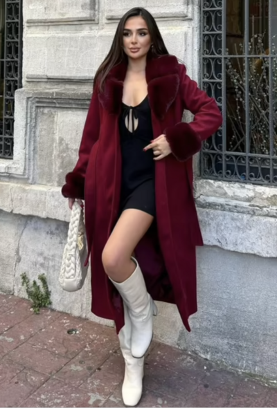 Claret Red Slim Fit Fur Wrapover Coat | Elegant Winter Fashion