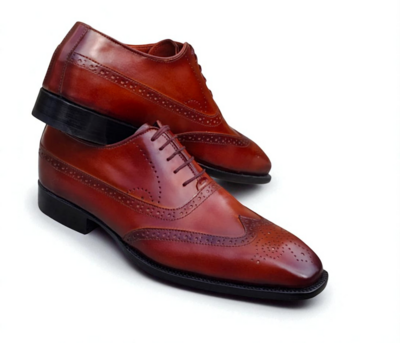 Crafted Leather Classic Brown Patina Leather Wingtip Oxford Dress Shoes