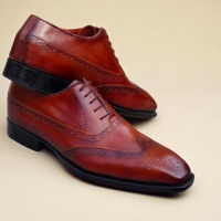 Crafted Leather Classic Brown Patina Leather Wingtip Oxford Dress Shoes - Thumbnail 2