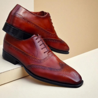 Crafted Leather Classic Brown Patina Leather Wingtip Oxford Dress Shoes - Thumbnail 3