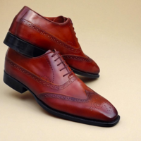 Crafted Leather Classic Brown Patina Leather Wingtip Oxford Dress Shoes - Thumbnail 4