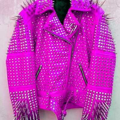 Crafted leather classy pink gothic emo style leather studded jacket with silver studs and spikes