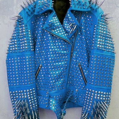 Crafted leather men classy blue gothic emo style leather studded jacket with silver studs and spikes