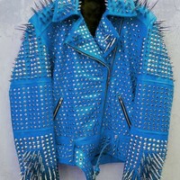 Crafted Leather Men Classy Blue Gothic Emo Style Leather Studded Jacket with Silver Studs and Spikes - Thumbnail 1