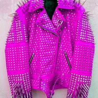 Crafted Leather Classy Pink Gothic Emo Style Leather Studded Jacket with Silver Studs and Spikes - Thumbnail 1
