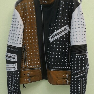 Crafted leather men's fashion biker studded leather jacket - Thumbnail 3