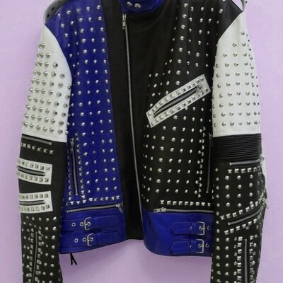Crafted leather classic men's fashion biker studded leather jacket