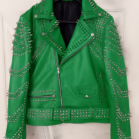 Crafted Leather New Women Punk Green Silver Long Spiked Studded Brando Biker Leather Jacket - Thumbnail 1