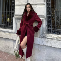 Claret Red Slim Fit Fur Wrapover Coat | Elegant Winter Fashion - Thumbnail 1