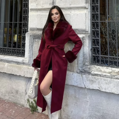 Claret red slim fit fur wrapover coat | elegant winter fashion